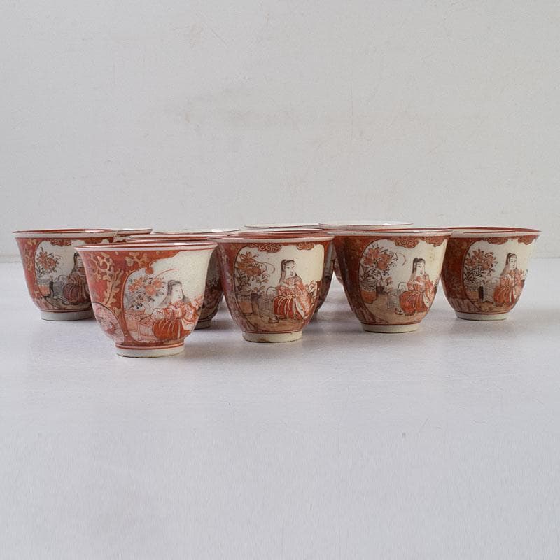 九谷焼　古九谷　赤絵金彩　煎茶碗　3種十四客まとめて　時代箱付　D　R9502