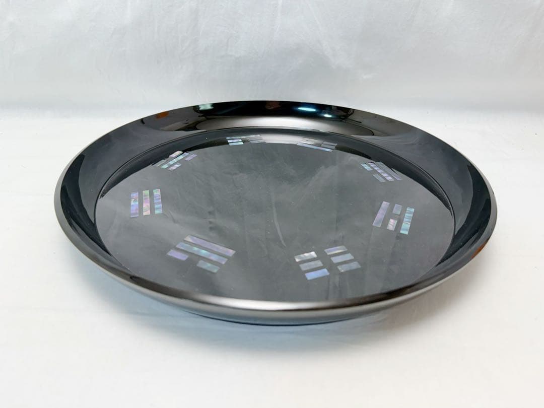 未使用 茶道具 黒塗 螺鈿細工 青貝 八卦盆 丸盆 茶器 元箱