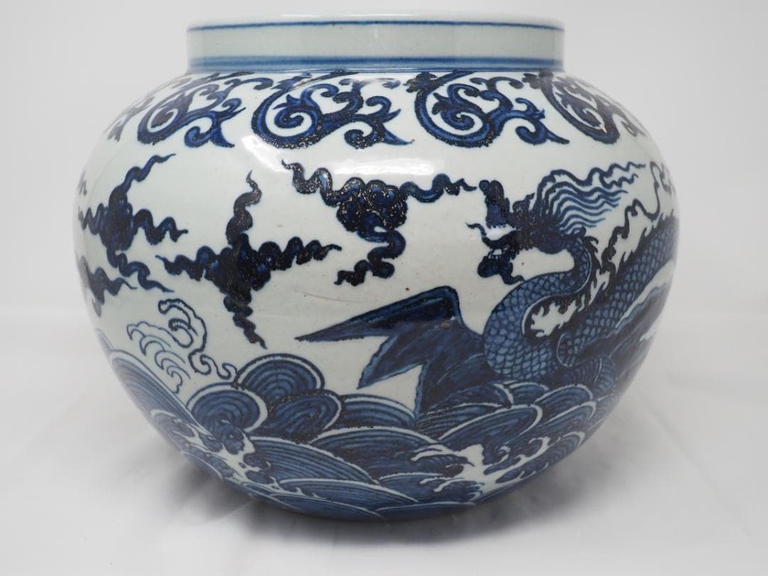 中国　染付竜文壺　龍デザイン　染付　花瓶　-SO