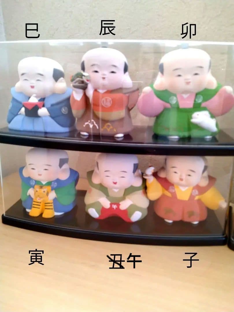 干支、縁起物福助人形十二個勢揃い、日本製陶器