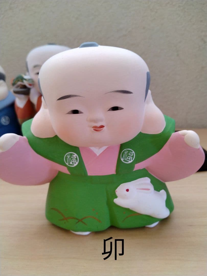 干支、縁起物福助人形十二個勢揃い、日本製陶器