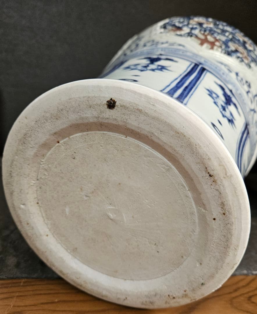 中国美術品　景徳鎮　元時代～明時代　青華　辰砂　陽刻浮彫細工　元染付写し　大梅瓶