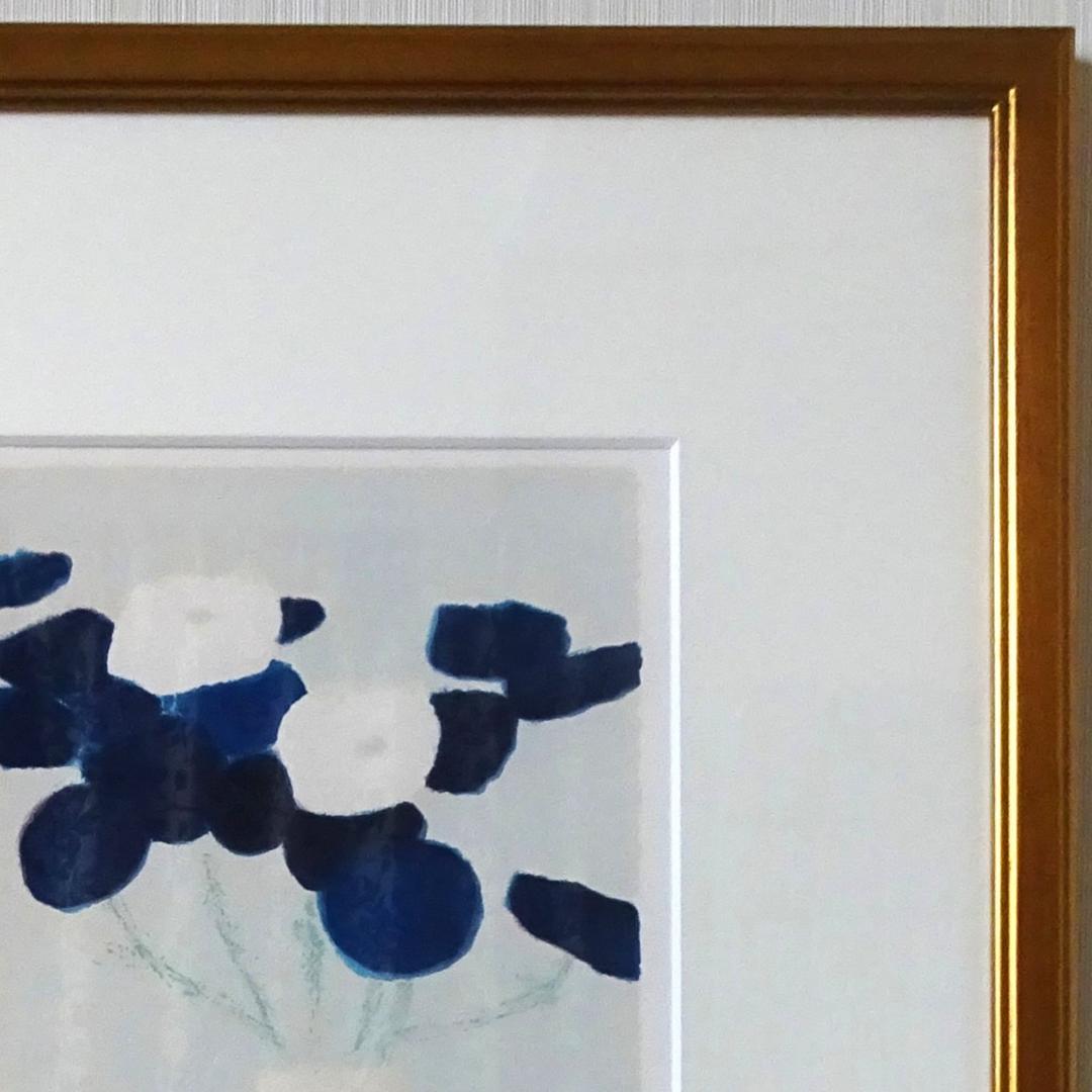 カトラン　Bernard Cathelin　リトグラフ　紺と白のアネモネ