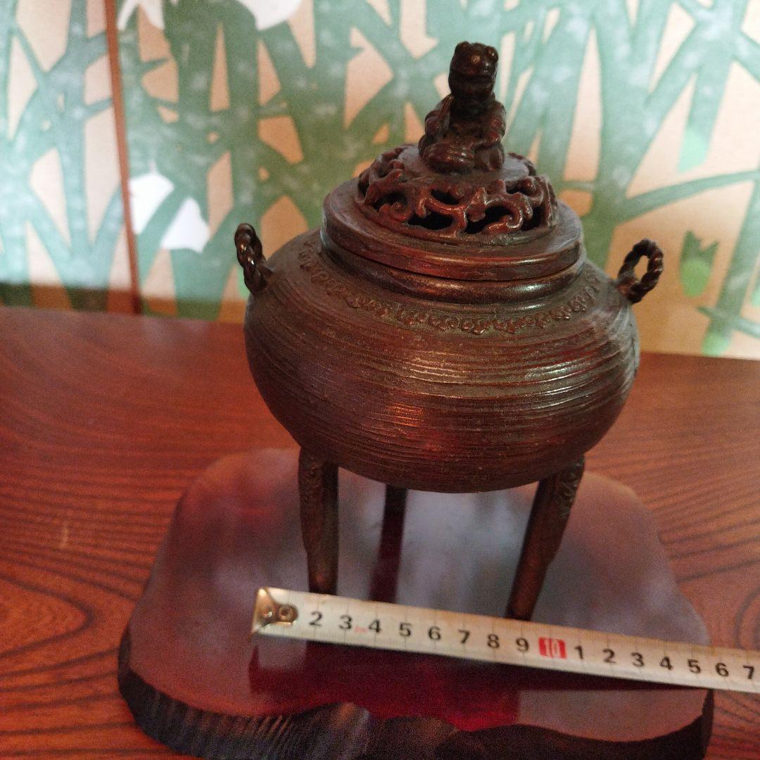 骨董　銅製香炉　三脚　木製香炉台 付き