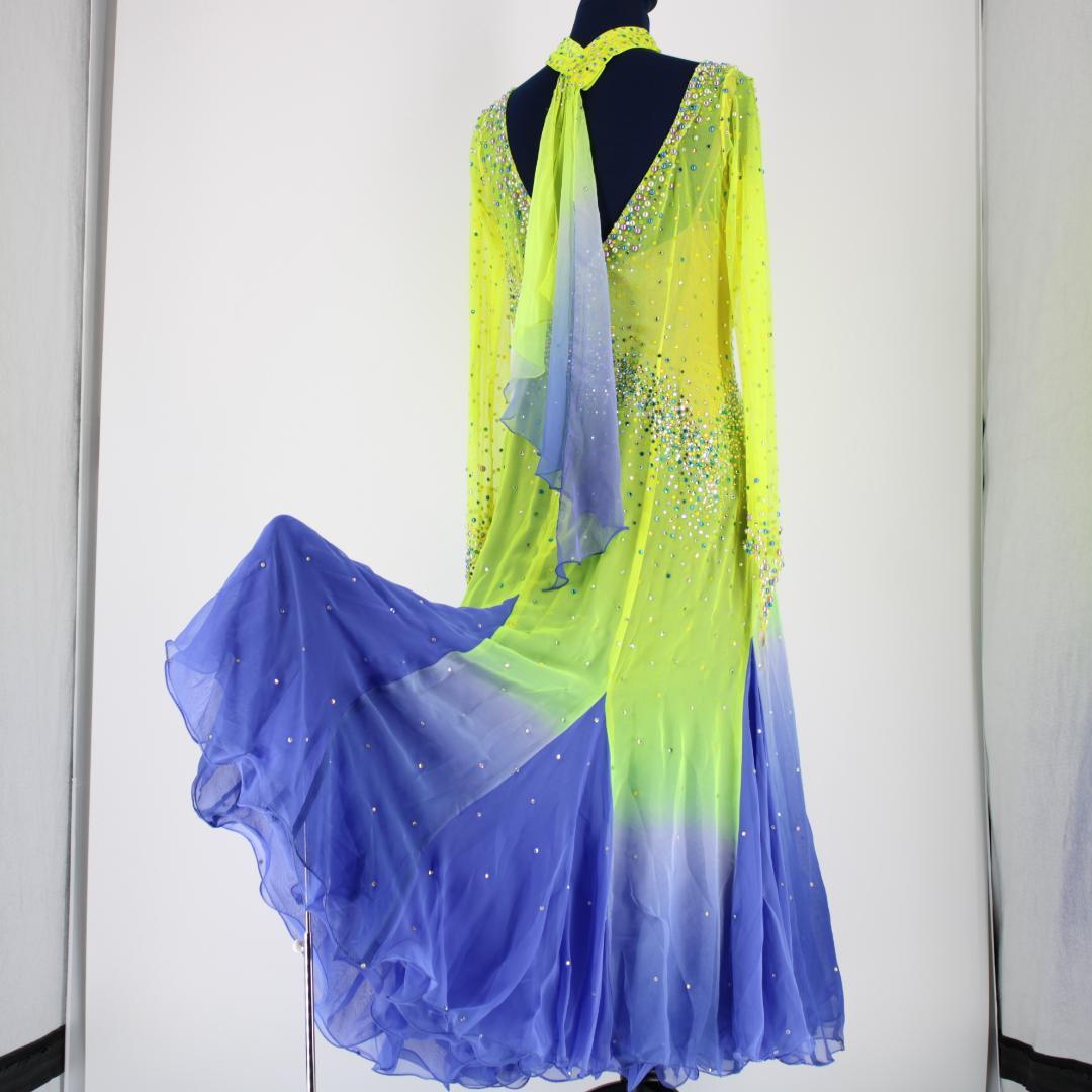 【美品 社交ダンス衣装】イエロー＆ブルー ワンピース ドレス スパンコール