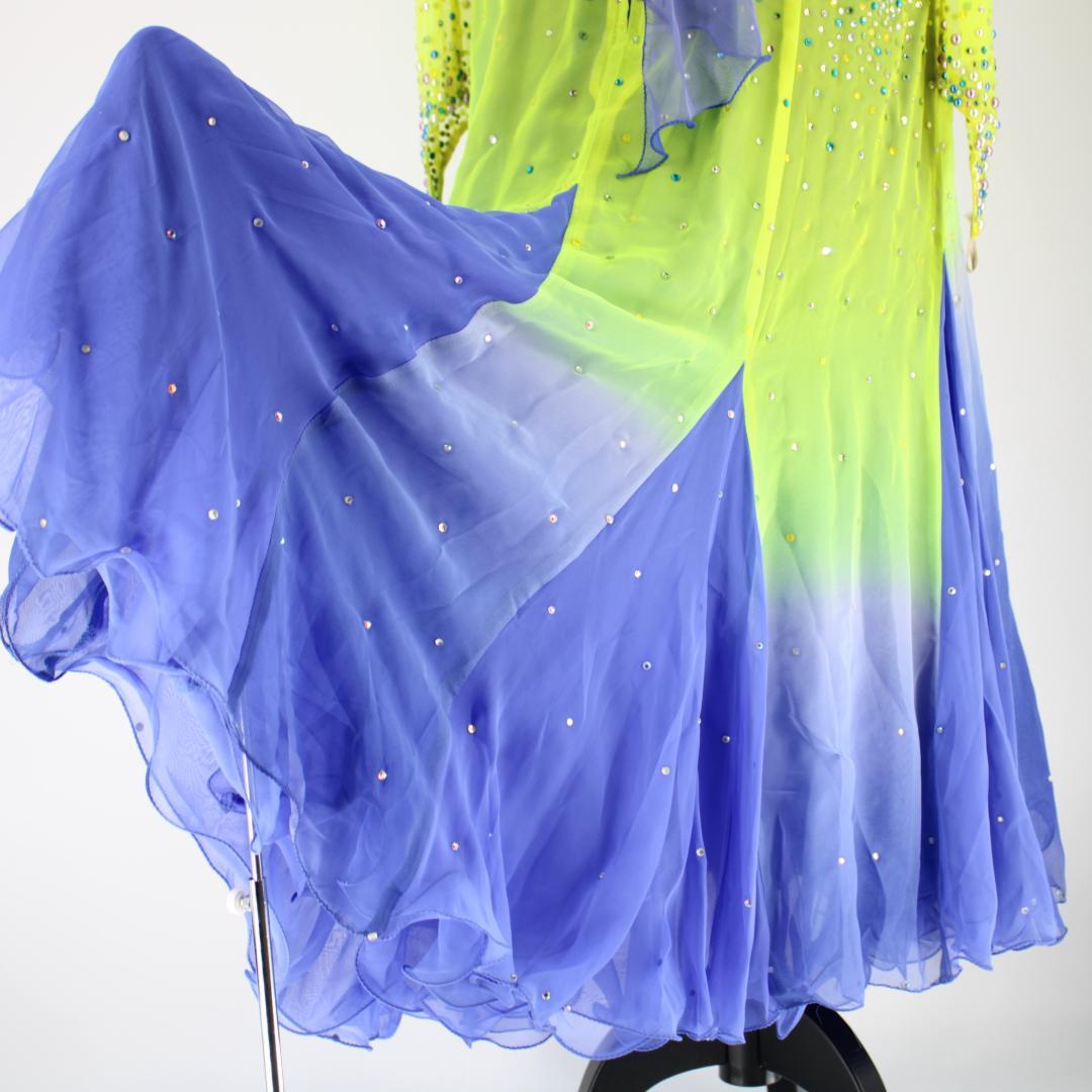 【美品 社交ダンス衣装】イエロー＆ブルー ワンピース ドレス スパンコール