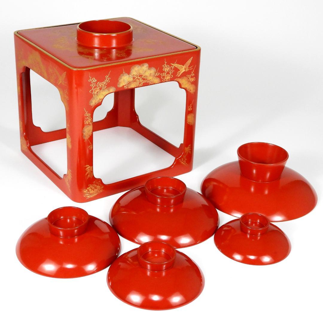 輪島塗 沈金 松竹梅 五段盃 杯台 酒器 天然木 漆塗り 漆芸 共箱