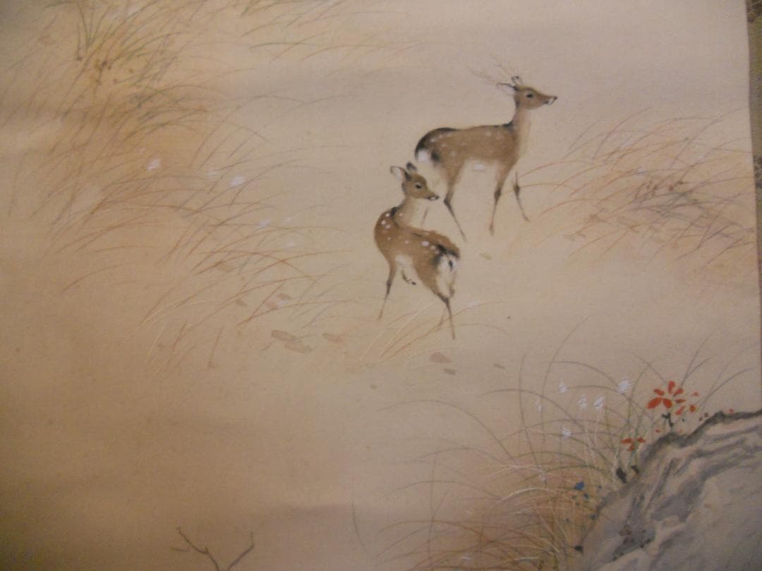 黄玉掛け軸 波多野一岳 秋山遊鹿図 絹本 希少 軸装 茶道具 掛軸 美品
