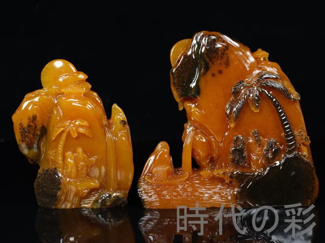 中国古美術【田黄石 山水人物】尚均作款 細密彫 純手彫り 寿山石細作 在銘 擺件