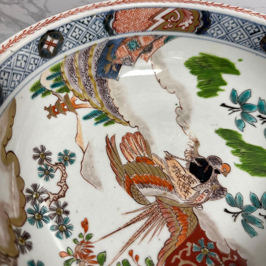 古伊万里、染錦、花鳥図、赤玉、中鉢。