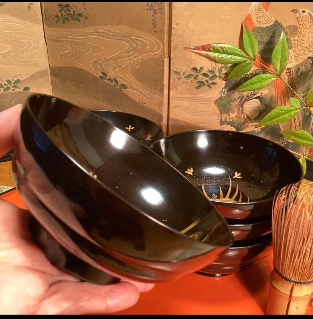 A1060 木製輪島塗　懐石道具　衝羽根に流水菖蒲　吸物椀　蒔絵　2客