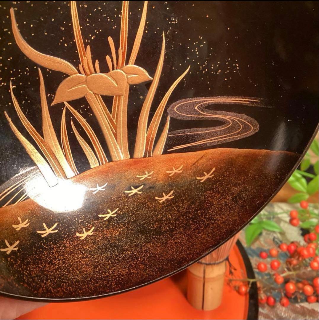 A1060 木製輪島塗　懐石道具　衝羽根に流水菖蒲　吸物椀　蒔絵　2客