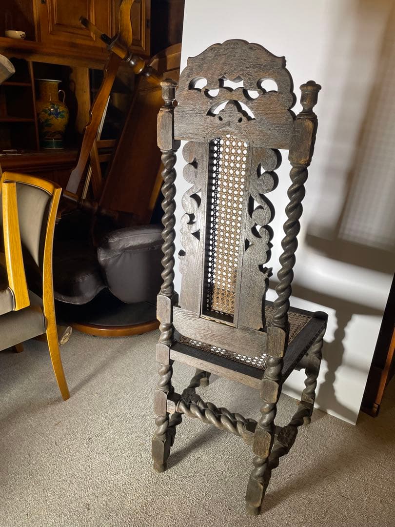 アンティーク ハイバックチェア 聖母子 天使 籐張り ヨーロッパ家具