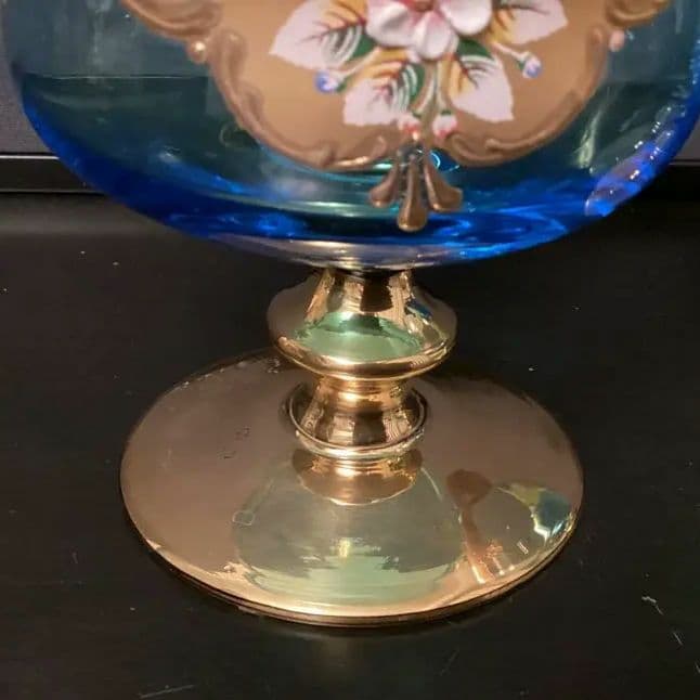 ベネチアングラス　金色とブルーのエレガントなデザインの手描き花柄グラス③④