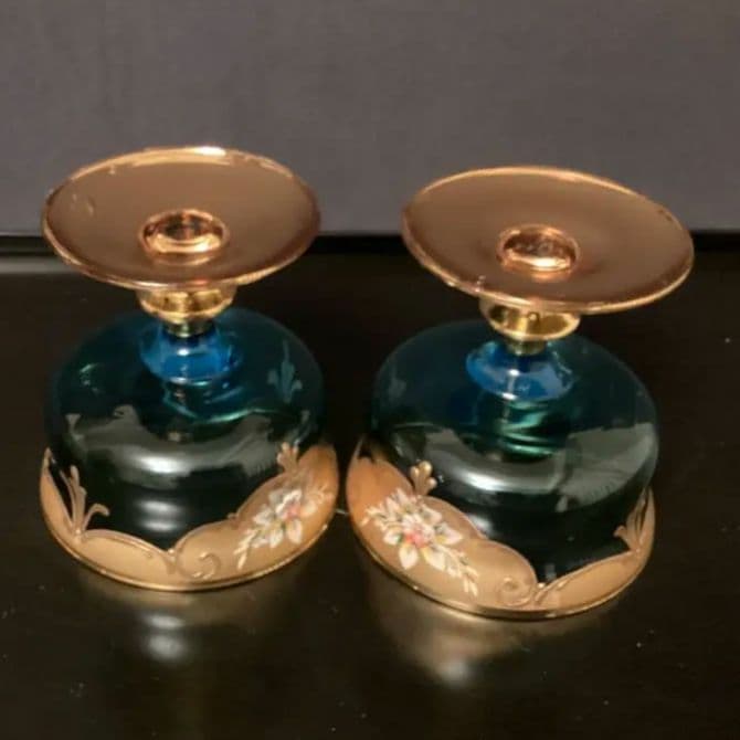 ベネチアングラス　金色とブルーのエレガントなデザインの手描き花柄グラス③④