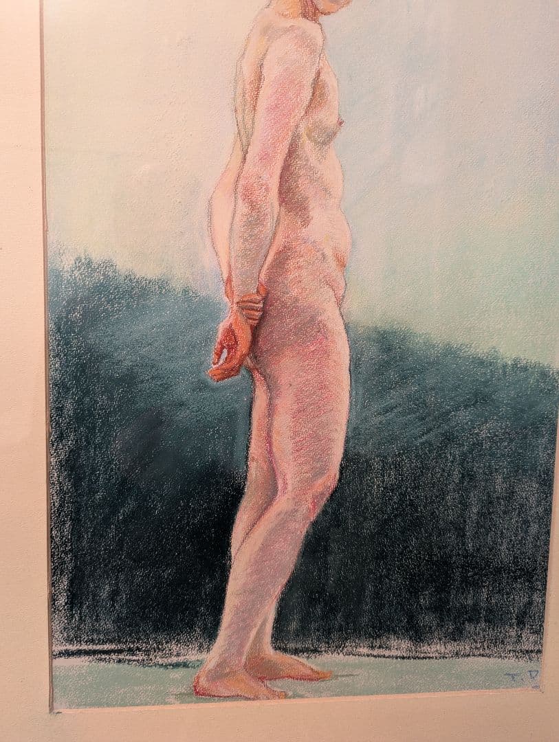 パステル画 思う モデルを使った絵 木製額ガラス入り