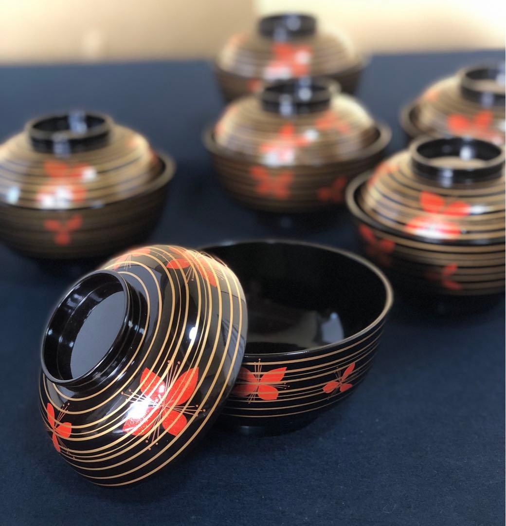 《R》懐石 黒塗 金線模様 吸物椀6客 克己作 木製漆器 共箱 260128く2