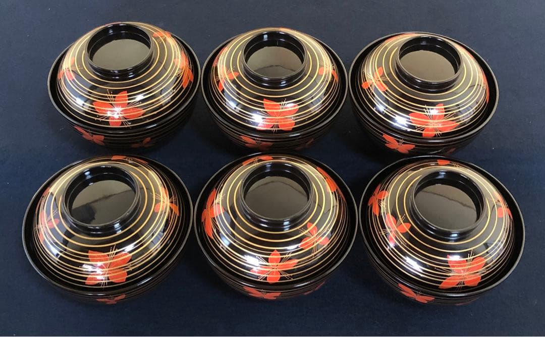 《R》懐石 黒塗 金線模様 吸物椀6客 克己作 木製漆器 共箱 260128く2