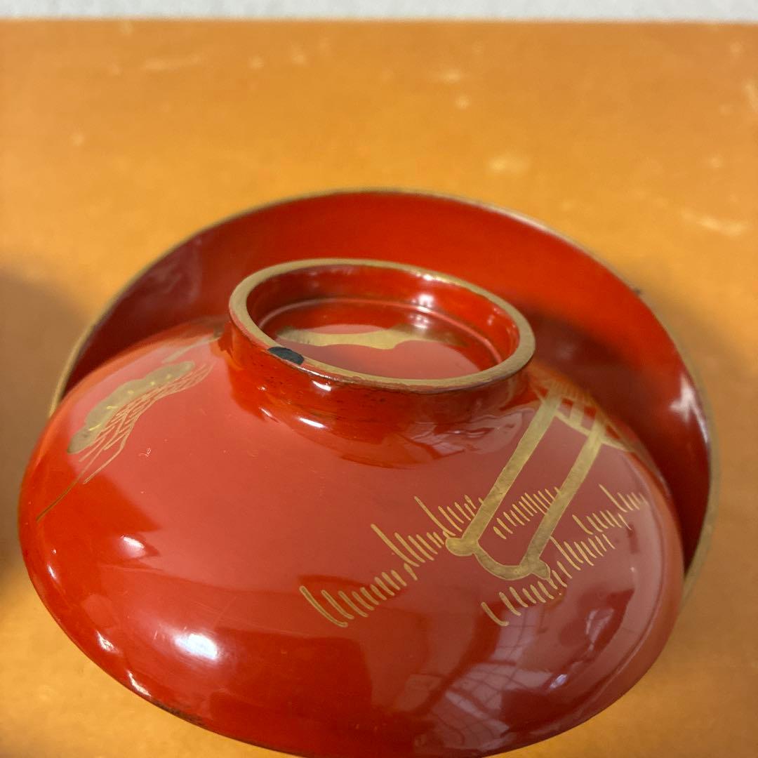 漆器　金絵　朱　蓋付椀　10客　共箱 骨董品