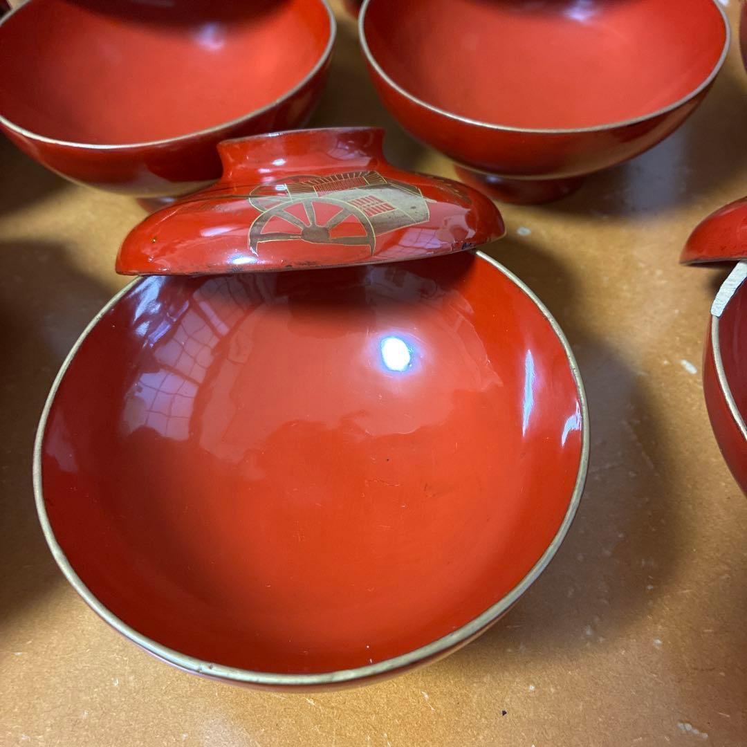 漆器　金絵　朱　蓋付椀　10客　共箱 骨董品