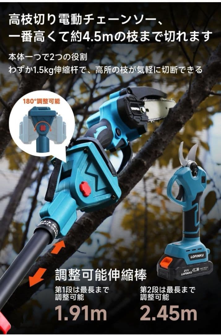 高枝電動チェーンソーと高枝切りバサミ