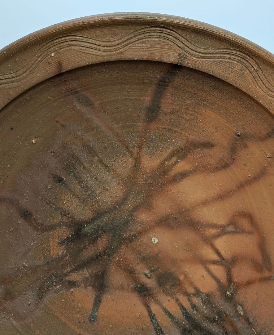 岡山県重要無形文化財 伊勢崎満 備前焼 緋襷皿 共箱栞 直径30cm 食器 盛皿