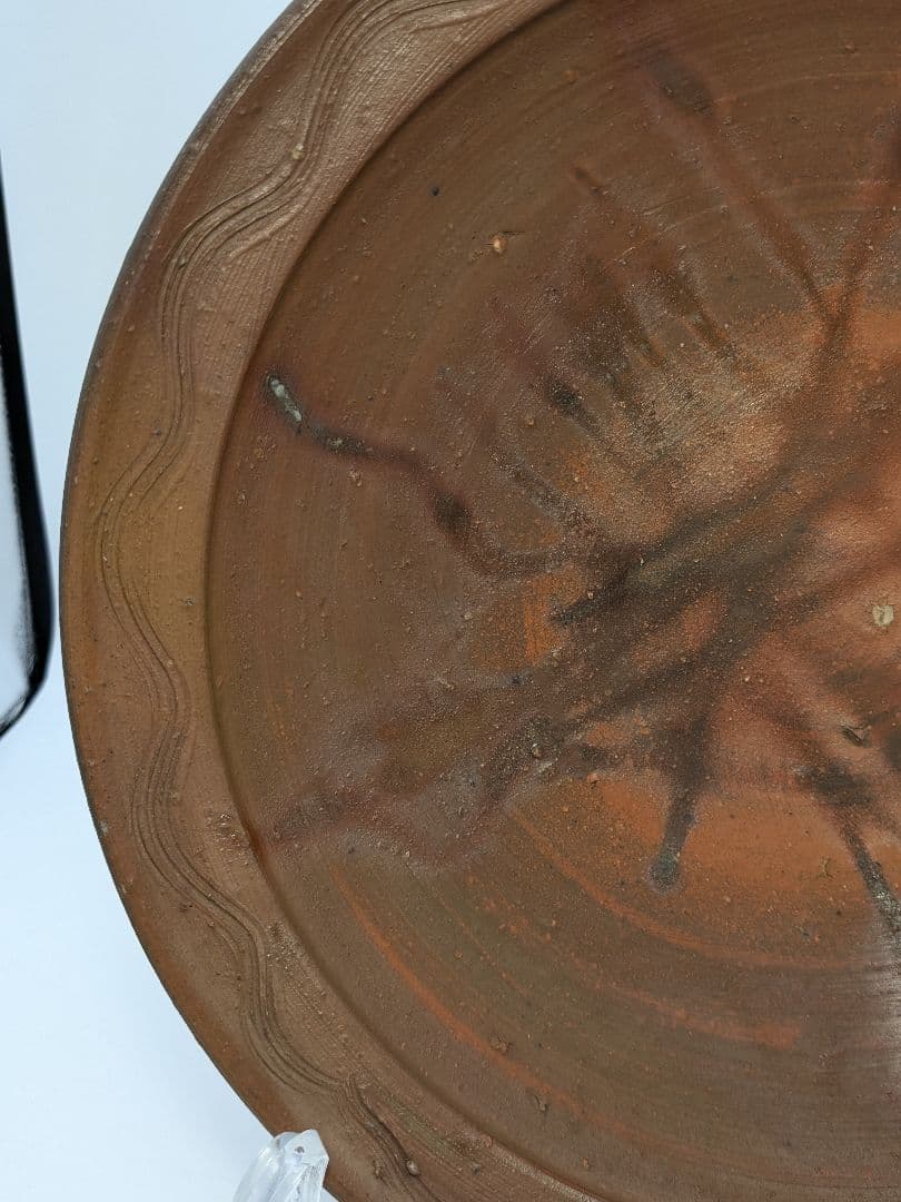 岡山県重要無形文化財 伊勢崎満 備前焼 緋襷皿 共箱栞 直径30cm 食器 盛皿