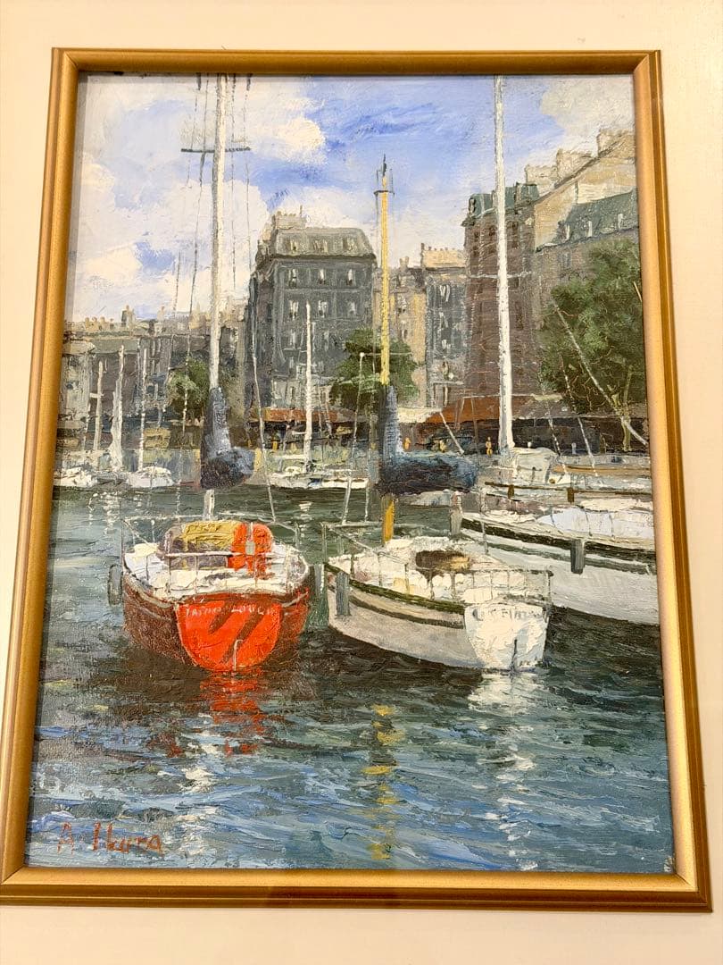 港町風景 油彩画 マリーナ ヨット 額装 風景画 #95