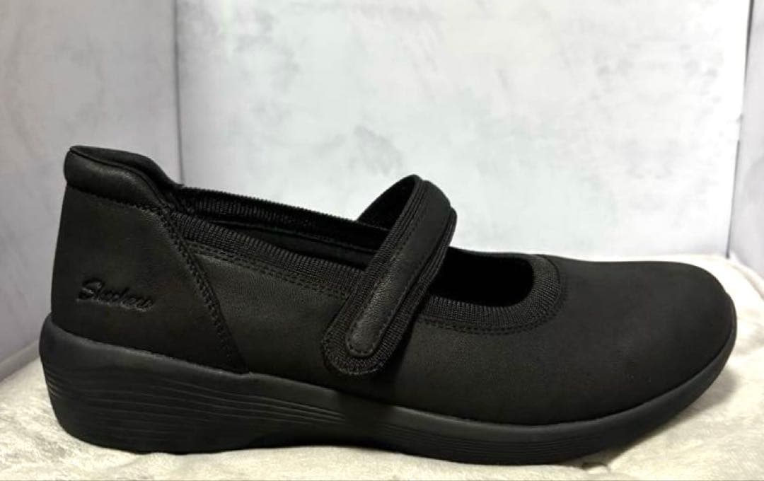 新品25スケッチャーズ黒バレエシューズメリージェーンストラップウェッジソール