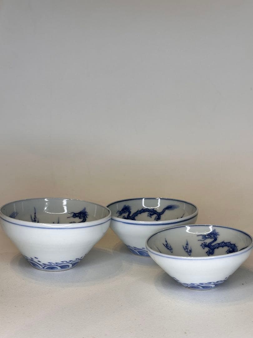 中国 大清雍正年製款 青花染付 龍文 湯呑 三客 サイズ違い アンティーク