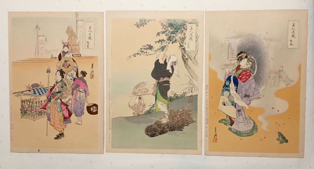 浮世絵版画、美人花競（全24枚揃い目録付き画帖崩れ) 尾形月耕画明治20年代出版