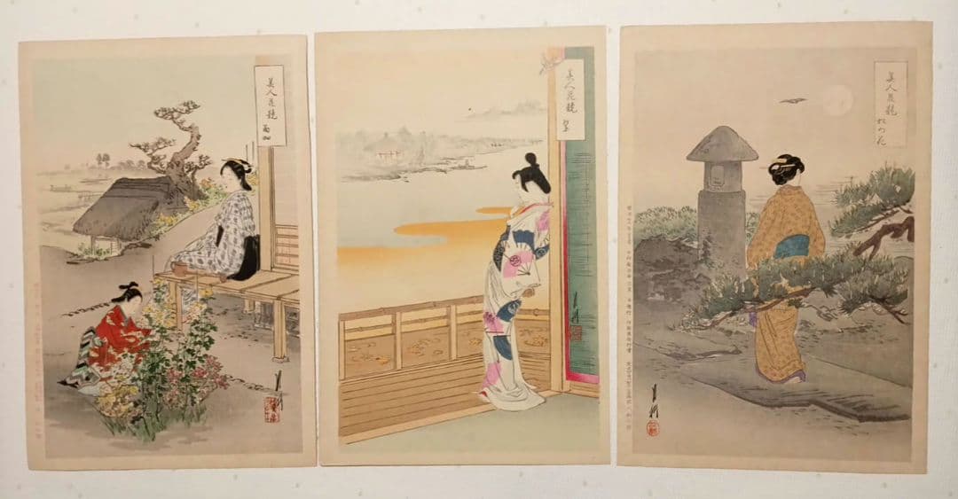 浮世絵版画、美人花競（全24枚揃い目録付き画帖崩れ) 尾形月耕画明治20年代出版