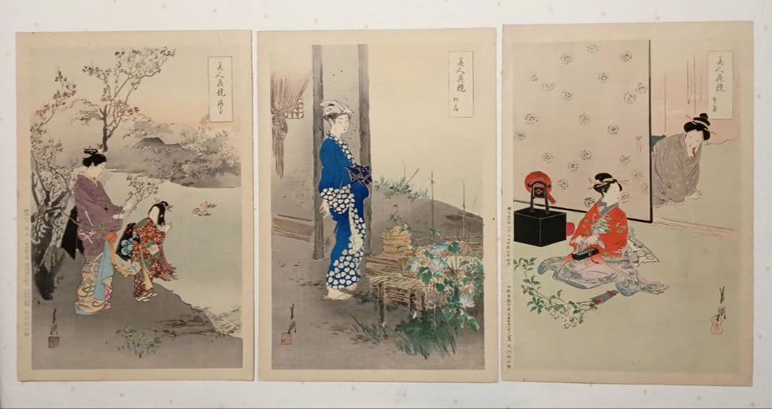 浮世絵版画、美人花競（全24枚揃い目録付き画帖崩れ) 尾形月耕画明治20年代出版