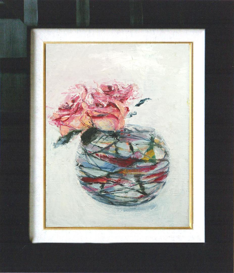 油絵 菅家令子 絵 絵画インテリア額付(青緑＋金色の枠)F4-070102 ばら