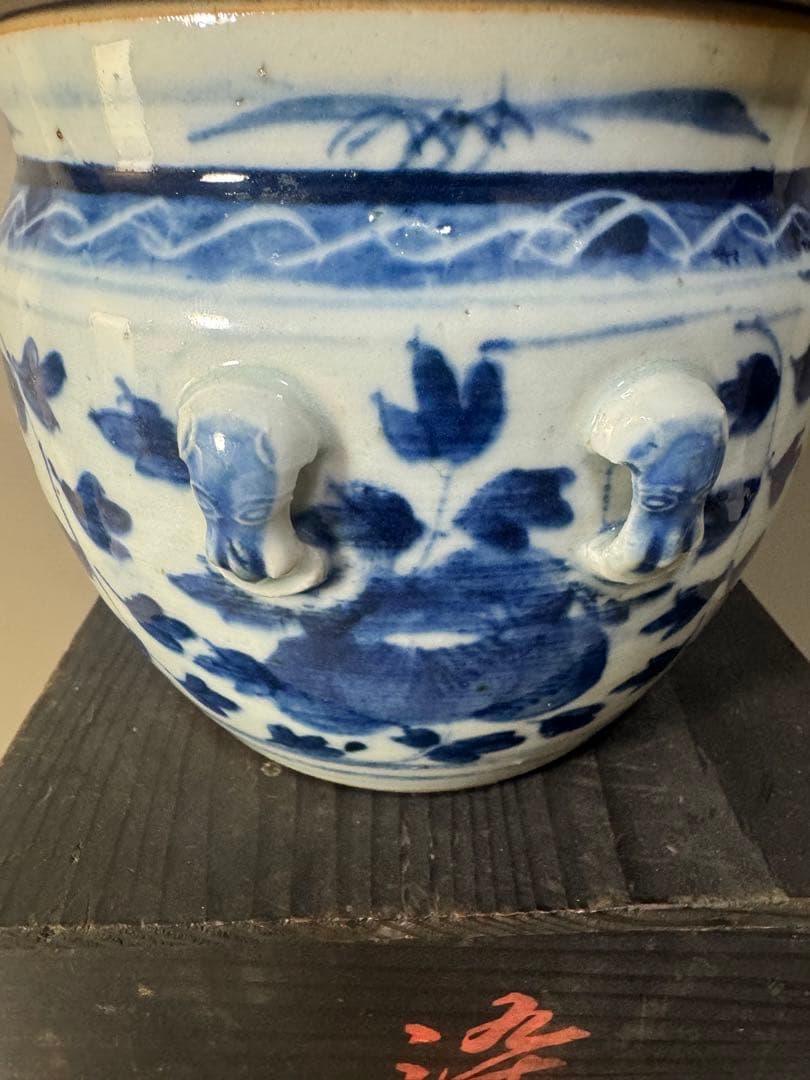 2638 時代物　染付花文水指　蓋物