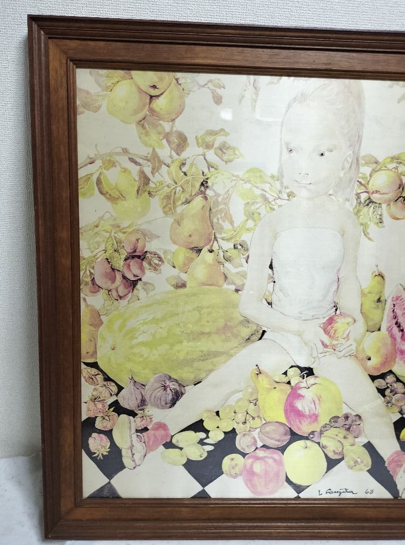 ◇ 藤田嗣治 「果物と少女」 シルクスカーフ 額/古径