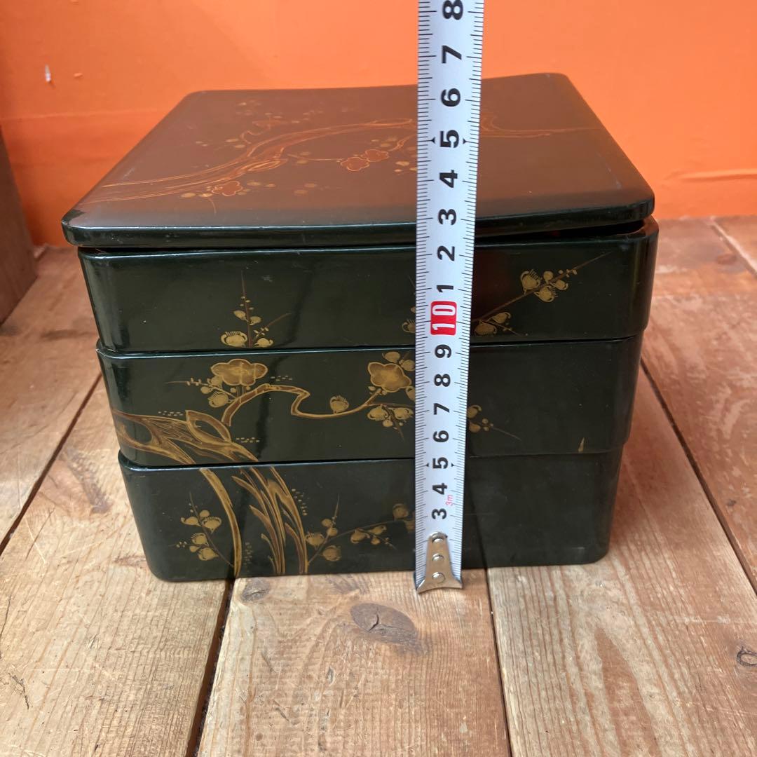 D-5 吉原重 時代物 野弁当 漆器 お重箱 提重 木製 蒔絵 桐箱入り 骨董品