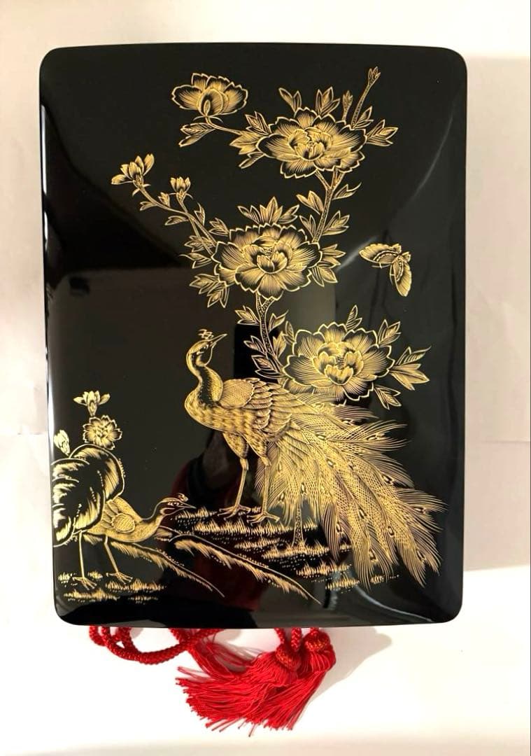 清仙作 黒塗り沈金文箱 牡丹孔雀柄 未使用に近い 箱・布付き和室 書道 茶道