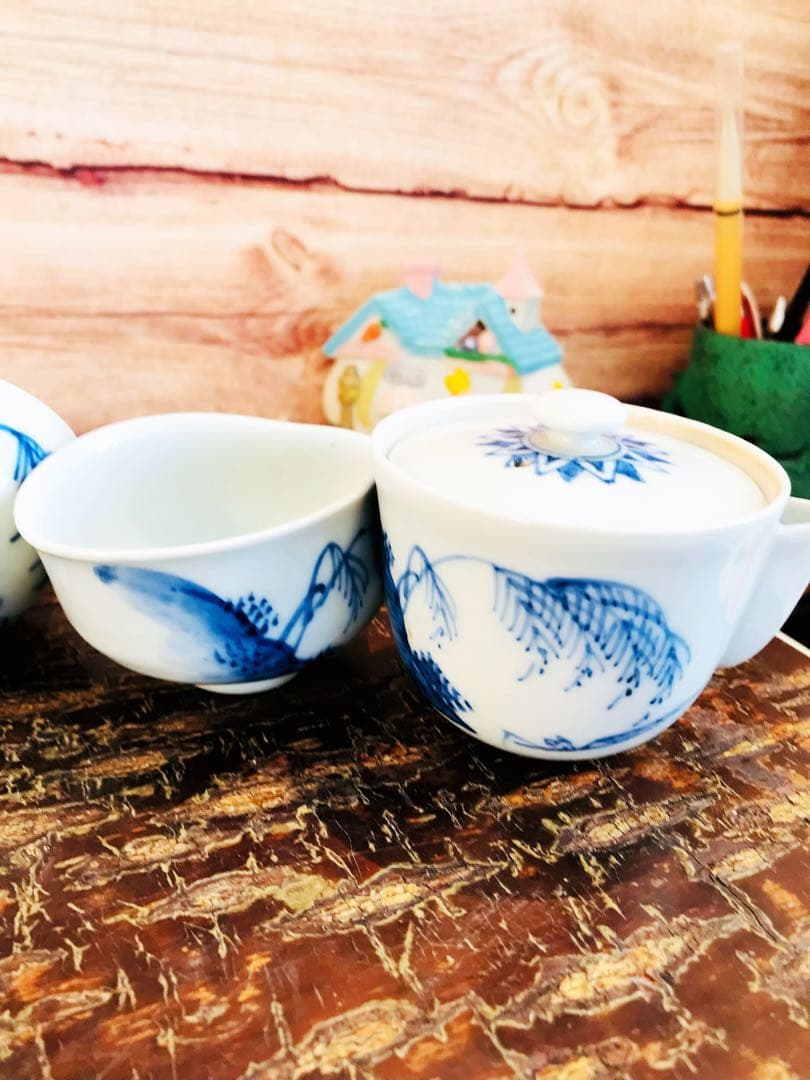 京焼染付寶瓶/ 湯冷/茶碗6点揃い　田能村直入 / 画 | 明治-19世紀頃