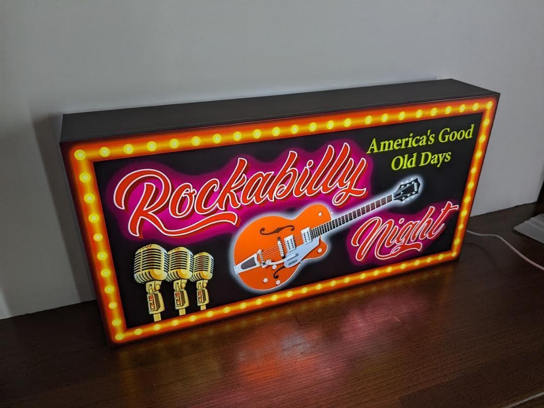 【Lサイズ】ロカビリー ギター オールディーズ 看板 置物 雑貨 ライトBOX
