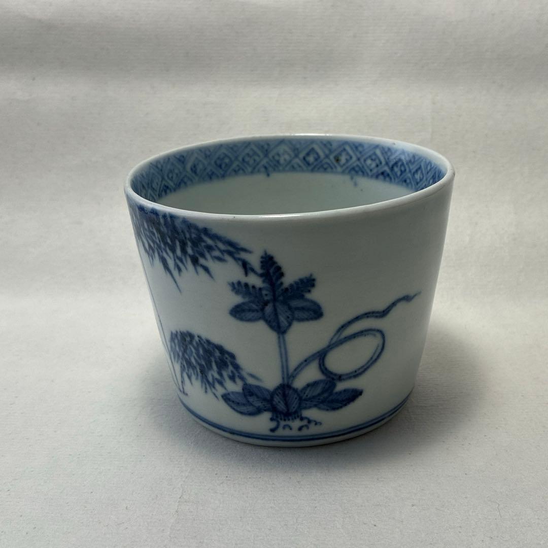 古伊万里　染付　蕎麦猪口　若葉　竹雀　鳳凰