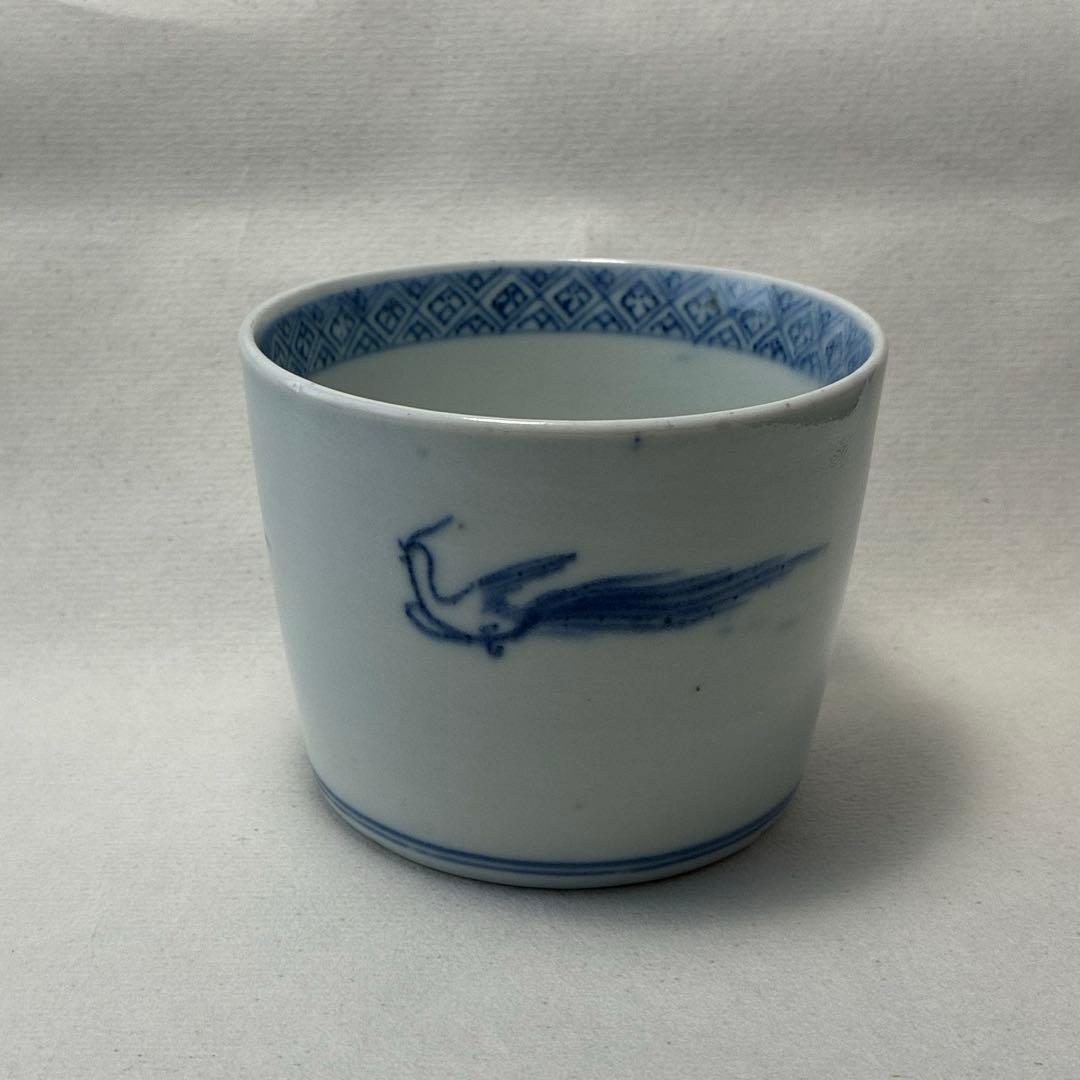 古伊万里　染付　蕎麦猪口　若葉　竹雀　鳳凰