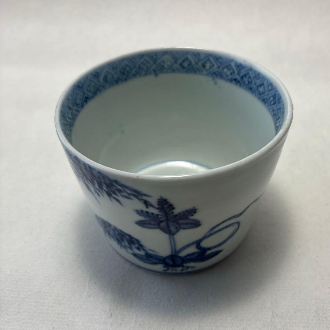 古伊万里　染付　蕎麦猪口　若葉　竹雀　鳳凰