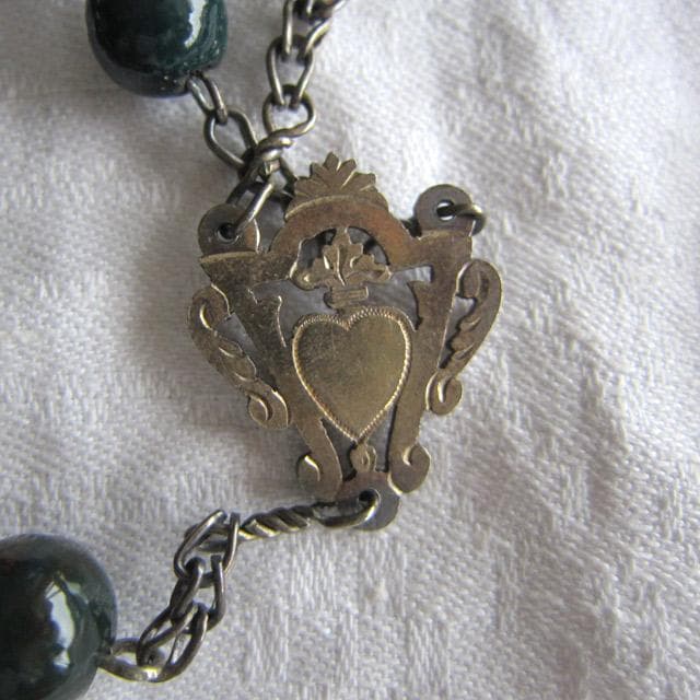 フランスアンティーク 純銀製 ロザリオ 透彫 革ケース付