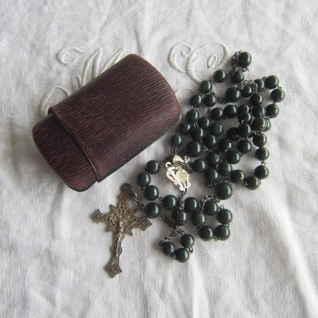 フランスアンティーク 純銀製 ロザリオ 透彫 革ケース付