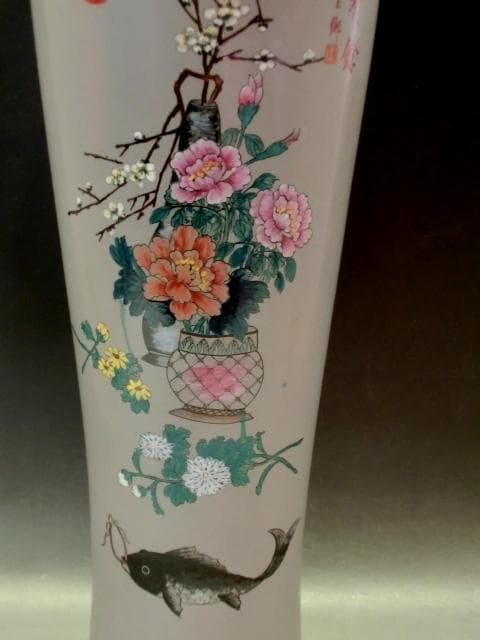 壺■四季有餘 乙卯仲春玉郷 長壷「中華陶瓷」牡丹 魚紋 花尽くし 古玩 骨董■