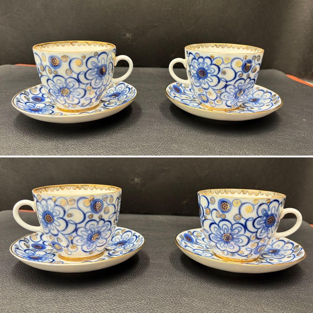 アンティーク　ソビエト　ロモノーソフ　青色系花柄カップ＆ソーサー　２セット①