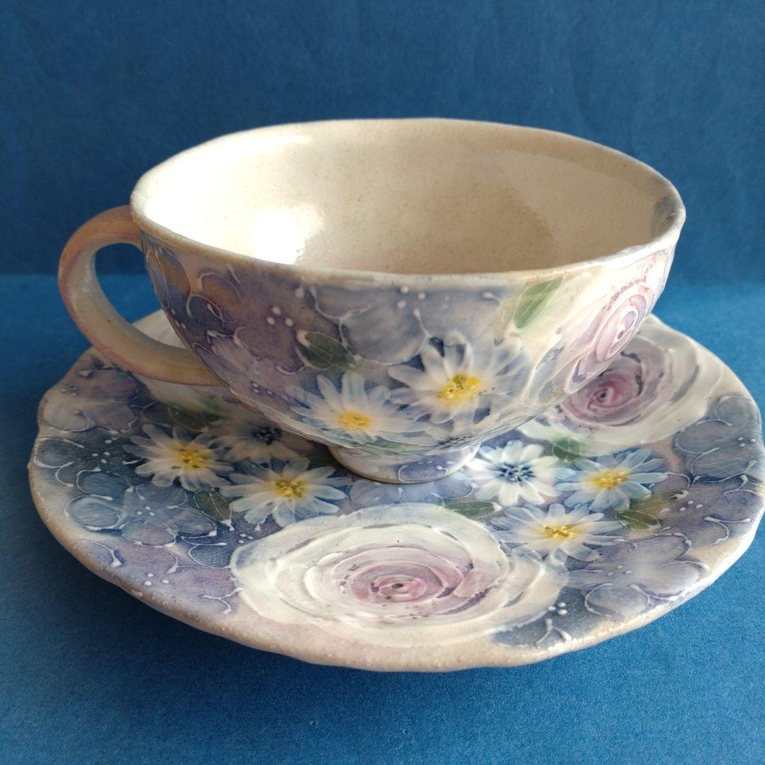 ゆずりは工房　カップ＆ソーサー　青彩ローズ　薔薇　花柄　陶器　瀬戸焼