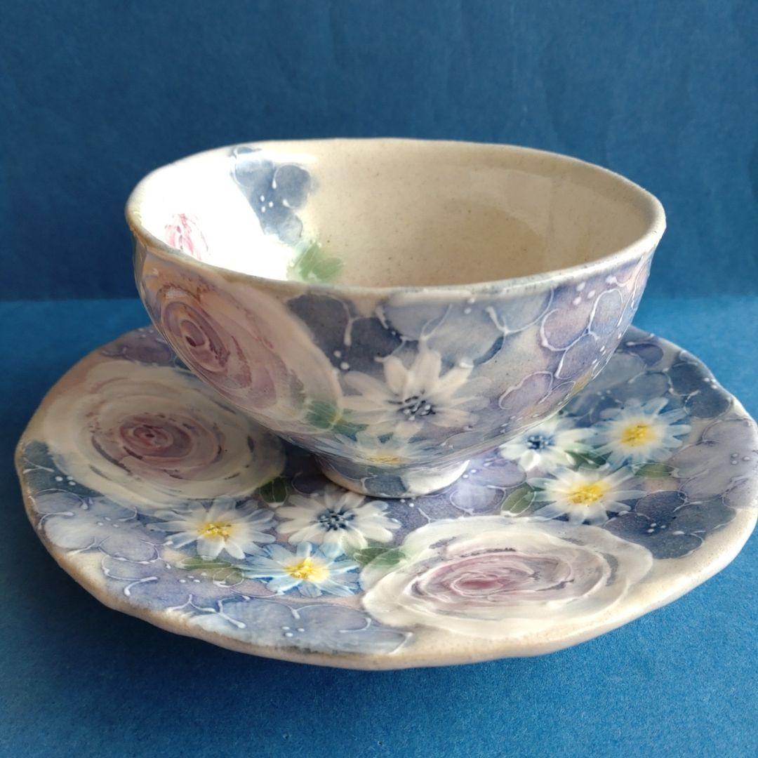 ゆずりは工房　カップ＆ソーサー　青彩ローズ　薔薇　花柄　陶器　瀬戸焼