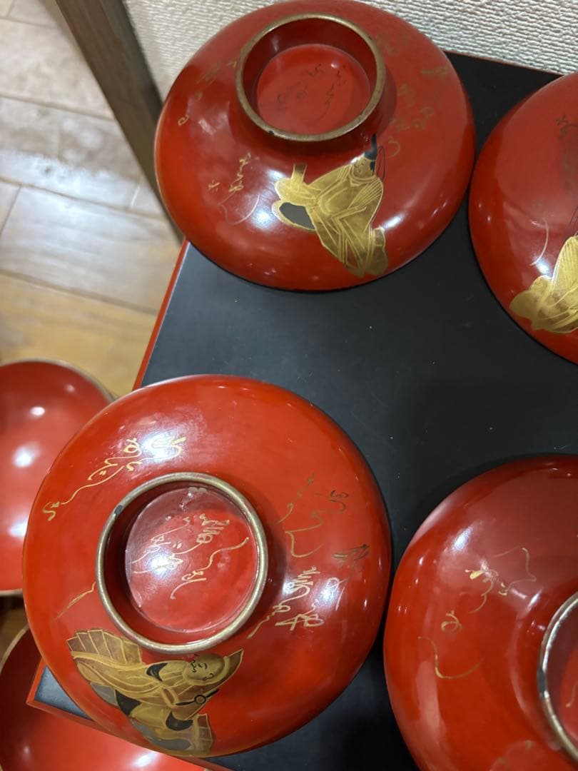時代　漆器吸い物椀　絵がわり蒔絵10客セット　人物　和歌　明治　大正